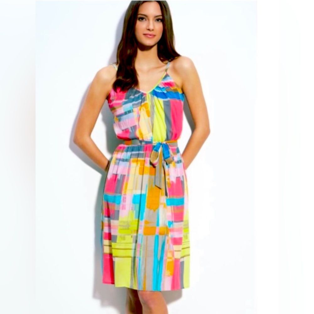 Trina Turk Playa Silk Geometric Multi Color Knee Length Dress Sz 4 EUC